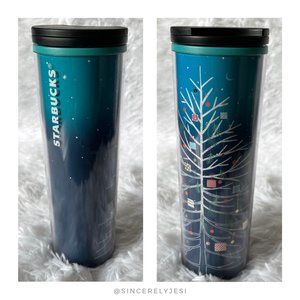 Starbucks ▪ Ombre Blue Double Wall Holiday Christmas Tree Slim Travel Tumbler